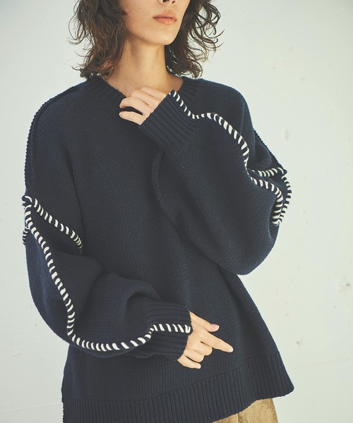 OUTERSUNSET(アウターサンセット)の「hand stitch volume sleeve knit(ニット/セーター・レディース・ベージュ/ネイビー・FREE)」の3枚目の写真