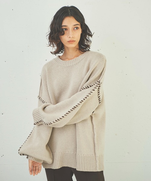OUTERSUNSET(アウターサンセット)の「hand stitch volume sleeve knit(ニット/セーター・レディース・ベージュ/ネイビー・FREE)」の7枚目の写真