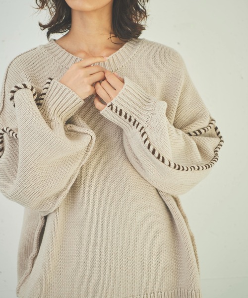 OUTERSUNSET(アウターサンセット)の「hand stitch volume sleeve knit(ニット/セーター・レディース・ベージュ/ネイビー・FREE)」の16枚目の写真