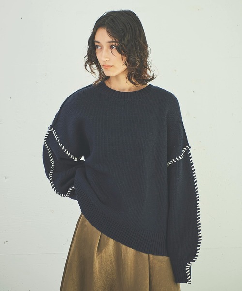 OUTERSUNSET(アウターサンセット)の「hand stitch volume sleeve knit(ニット/セーター・レディース・ベージュ/ネイビー・FREE)」の20枚目の写真
