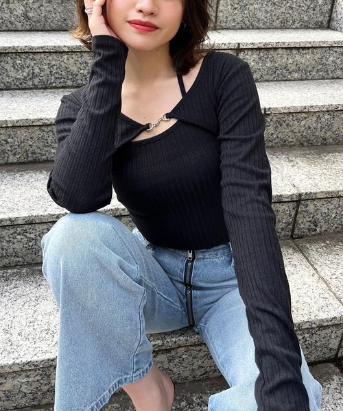 SPIRALGIRL（スパイラルガール）の「ビット付きカットリブボレロアンサンブル（アンサンブル・レディース・ホワイト/グレー/ブラック・FREE）」の2枚目の写真