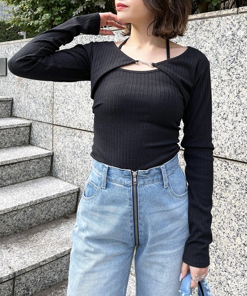 SPIRALGIRL（スパイラルガール）の「ビット付きカットリブボレロアンサンブル（アンサンブル・レディース・ホワイト/グレー/ブラック・FREE）」の4枚目の写真