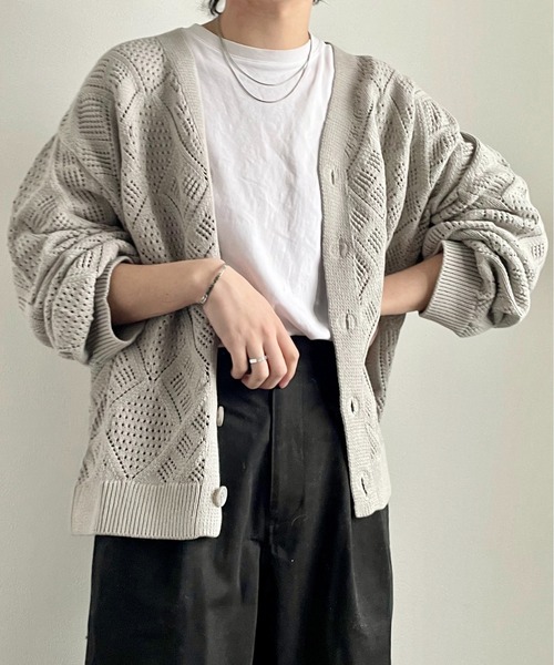 y/m by れぽすけ（イムバイレポスケ）の「クロシェ編みカーデ（カーディガン/ボレロ・メンズ・グレイッシュベージュ/グリーン・MEDIUM/LARGE）」の2枚目の写真