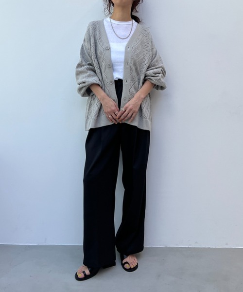 y/m by れぽすけ（イムバイレポスケ）の「クロシェ編みカーデ（カーディガン/ボレロ・メンズ・グレイッシュベージュ/グリーン・MEDIUM/LARGE）」の3枚目の写真