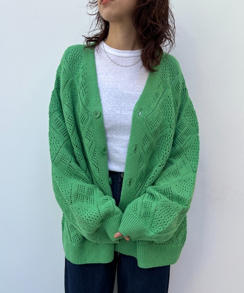y/m by れぽすけ（イムバイレポスケ）の「クロシェ編みカーデ（カーディガン/ボレロ・メンズ・グレイッシュベージュ/グリーン・MEDIUM/LARGE）」の7枚目の写真