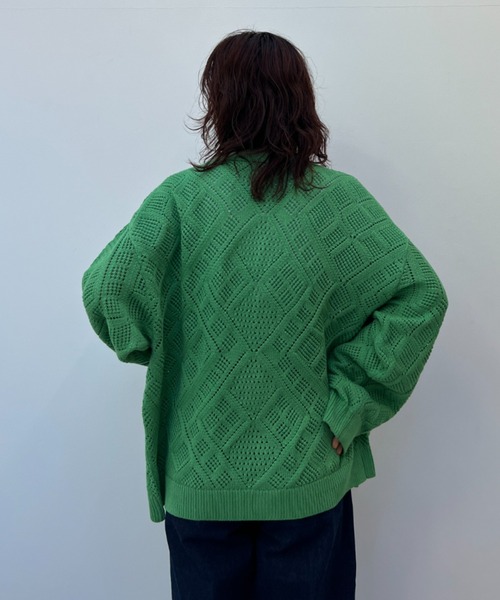 y/m by れぽすけ（イムバイレポスケ）の「クロシェ編みカーデ（カーディガン/ボレロ・メンズ・グレイッシュベージュ/グリーン・MEDIUM/LARGE）」の9枚目の写真