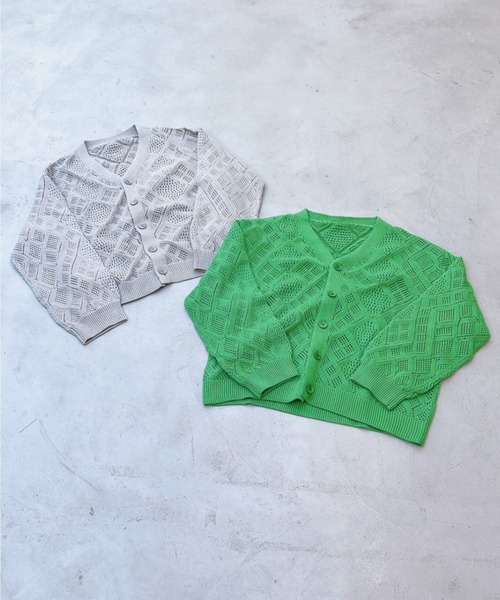y/m by れぽすけ（イムバイレポスケ）の「クロシェ編みカーデ（カーディガン/ボレロ・メンズ・グレイッシュベージュ/グリーン・MEDIUM/LARGE）」の10枚目の写真