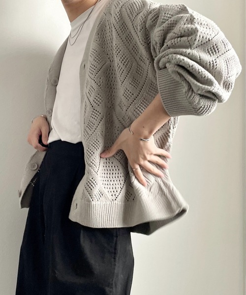 y/m by れぽすけ（イムバイレポスケ）の「クロシェ編みカーデ（カーディガン/ボレロ・メンズ・グレイッシュベージュ/グリーン・MEDIUM/LARGE）」の14枚目の写真