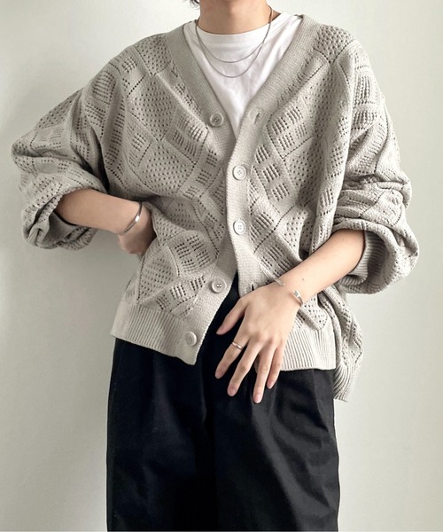 y/m by れぽすけ（イムバイレポスケ）の「クロシェ編みカーデ（カーディガン/ボレロ・メンズ・グレイッシュベージュ/グリーン・MEDIUM/LARGE）」の12枚目の写真