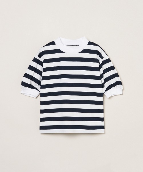 three dots(スリードッツ)の「ビッグストライプ パフTシャツ(Tシャツ/カットソー・レディース・ブラック/ホワイト×ブラック/ホワイト×ブルー/ホワイト/ホワイト×グレー/ホワイト系その他/ホワイト×ネイビー/ライム・SMALL)」の7枚目の写真
