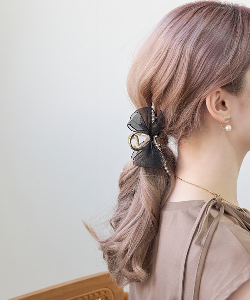 さゆ出品 オーガンジーリボンパールバンスクリップ（バレッタ/ヘアクリップ