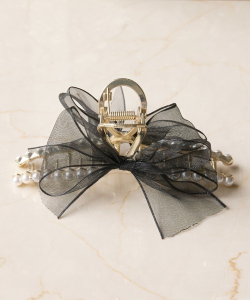 オーガンジーリボンパールバンスクリップ（バレッタ/ヘアクリップ