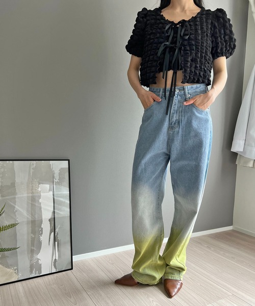 gibous グラデーションデニム クン グラデーションビジューワイドdenim カラー:ライト