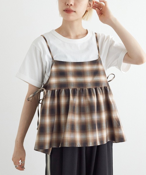 w closet（ダブルクローゼット）の「【SETアイテム】半袖Tシャツ&サイドリボンチェックキャミソール（Tシャツ/カットソー・レディース・ブラック/チャコールグレー/ブラウン系その他・FREE）」の18枚目の写真