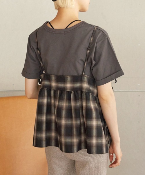 w closet（ダブルクローゼット）の「【SETアイテム】半袖Tシャツ&サイドリボンチェックキャミソール（Tシャツ/カットソー・レディース・ブラック/チャコールグレー/ブラウン系その他・FREE）」の14枚目の写真