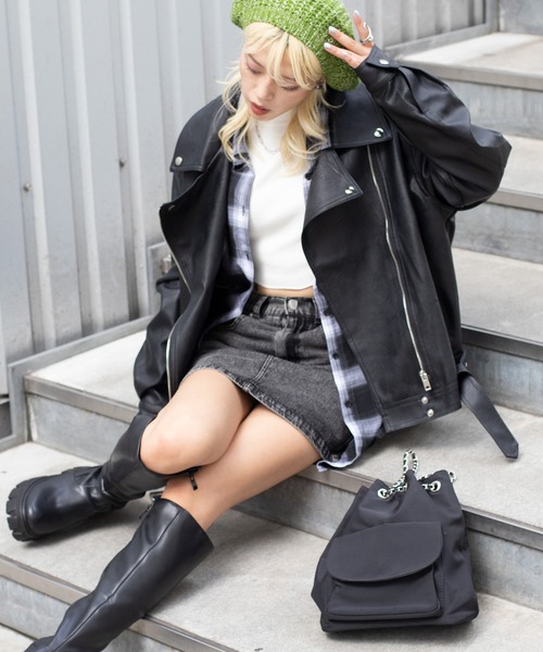 SpRay(スプレイ)の「ベルト付エコレザーBIGライダース(ライダースジャケット・レディース・ブラック・FREE)」の12枚目の写真