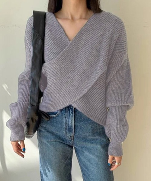 NinaetLina（ニナエリナ）の「カシュクールVネックニット（ニット/セーター・レディース・チャコール/モカ/ブラウン/ブラック・FREE）」の2枚目の写真