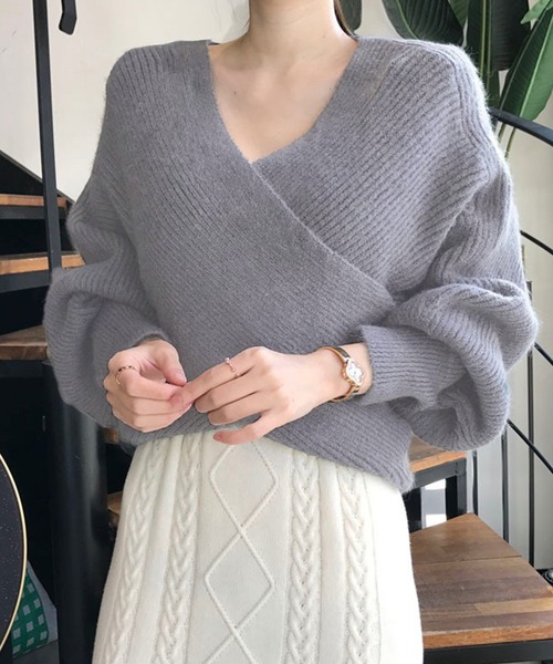 NinaetLina（ニナエリナ）の「カシュクールVネックニット（ニット/セーター・レディース・チャコール/モカ/ブラウン/ブラック・FREE）」の7枚目の写真