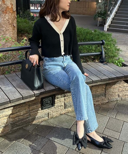 one after another NICE CLAUP(ワンアフターアナザーナイスクラップ)の「ハートボタンベルスリーブカーディガン(カーディガン/ボレロ・レディース・ホワイト×ブラック/ブラック/サックスブルー/ピンク/オフホワイト/杢グレー・FREE)」の18枚目の写真