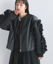 PICCIN | 【WEB限定】フェイクレザー×ダンボールニット フリルスリーブ ブルゾン(ブルゾン)