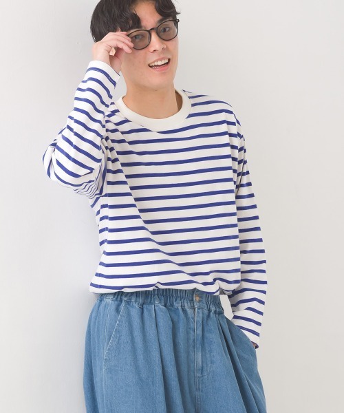 OMNES（オムネス）の「メンズ10番単ボーダー長袖Tシャツ（Tシャツ/カットソー・メンズ・ホワイト系その他/グレー系その他/ホワイト×ブルー/ホワイト×ブラック/ホワイト系その他2/ネイビー×ホワイト/ベージュ系その他・MEDIUM/LARGE）」の2枚目の写真