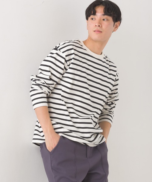OMNES（オムネス）の「メンズ10番単ボーダー長袖Tシャツ（Tシャツ/カットソー・メンズ・ホワイト系その他/グレー系その他/ホワイト×ブルー/ホワイト×ブラック/ホワイト系その他2/ネイビー×ホワイト/ベージュ系その他・MEDIUM/LARGE）」の3枚目の写真