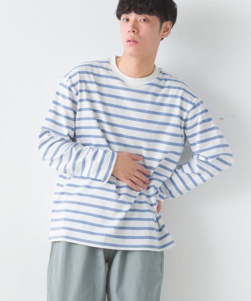 OMNES（オムネス）の「メンズ10番単ボーダー長袖Tシャツ（Tシャツ/カットソー・メンズ・ホワイト系その他/グレー系その他/ホワイト×ブルー/ホワイト×ブラック/ホワイト系その他2/ネイビー×ホワイト/ベージュ系その他・MEDIUM/LARGE）」の5枚目の写真