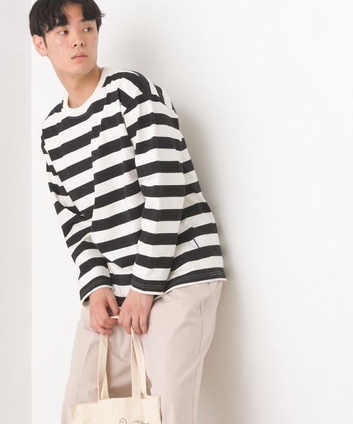 5351 POUR LES HOMMES 長袖 ボーダーカットソー 白黒 L 高身長 綿混ゆったりシルエット長袖ボーダーカットソー（トール