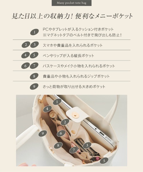KOBE LETTUCE（コウベレタス）の「A4サイズ収納可 ショルダー付き2Way メニーポケットトートバッグ（トートバッグ・レディース・ブラック/アイボリー/グレイッシュベージュ・FREE）」の18枚目の写真