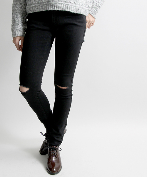 WEGO（ウィゴー）の「WEGO/ 前ボタンダメージスキニー（デニムパンツ・レディース・インディゴブルー/ダークインディゴブルー/ブラック・MEDIUM/LARGE）」の2枚目の写真