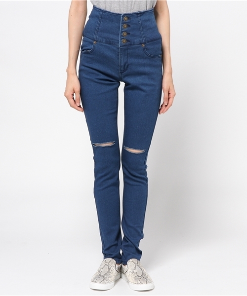 WEGO（ウィゴー）の「WEGO/ 前ボタンダメージスキニー（デニムパンツ・レディース・インディゴブルー/ダークインディゴブルー/ブラック・MEDIUM/LARGE）」の4枚目の写真