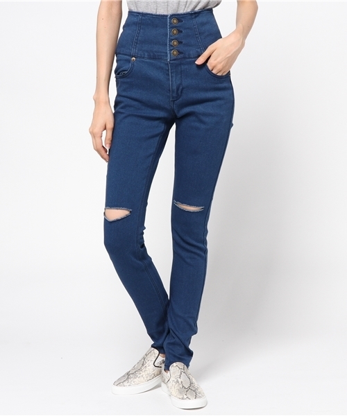 WEGO（ウィゴー）の「WEGO/ 前ボタンダメージスキニー（デニムパンツ・レディース・インディゴブルー/ダークインディゴブルー/ブラック・MEDIUM/LARGE）」の17枚目の写真