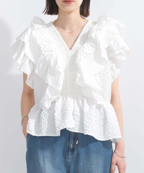 PICCIN(ピッチン)の「【WEB限定】シアサッカーラッフルブラウス(シャツ/ブラウス・レディース・オフホワイト/ピンク/ブラック・L/M)」の5枚目の写真