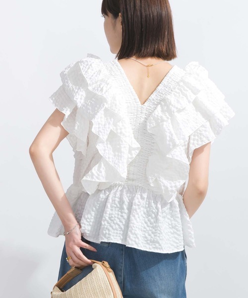 PICCIN(ピッチン)の「【WEB限定】シアサッカーラッフルブラウス(シャツ/ブラウス・レディース・オフホワイト/ピンク/ブラック・L/M)」の7枚目の写真