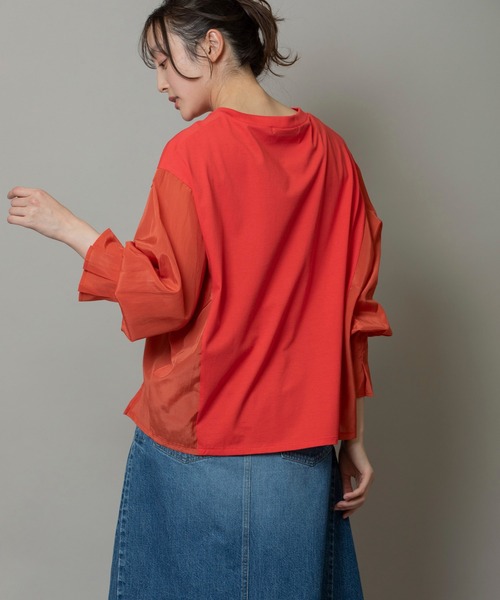 Munich（ミューニック）の「プレミアムコットンジャージ×シルキーローン タックスリーブトップス（Tシャツ/カットソー・レディース・ピンク/オレンジ/ブラック/ライム/ホワイト・FREE）」の16枚目の写真