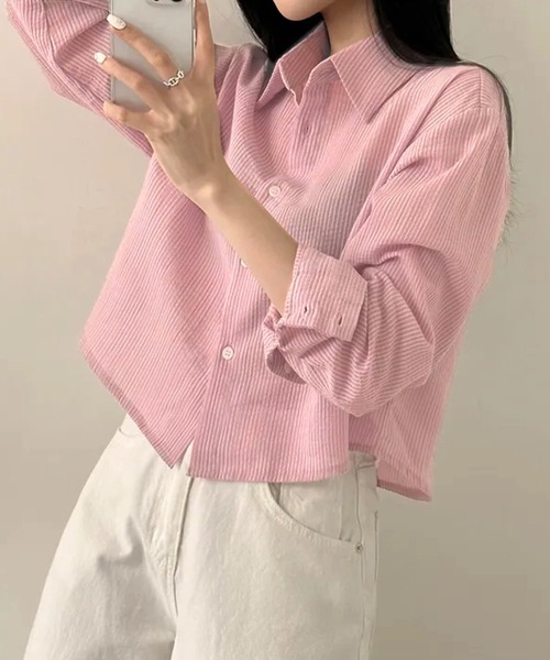 IRADOWL(アイラドール)の「ベーシックデザインミニ丈シアーシャツ(シャツ/ブラウス・レディース・ベージュ/グリーン/ピンク/ホワイト/ブルー・FREE)」の7枚目の写真