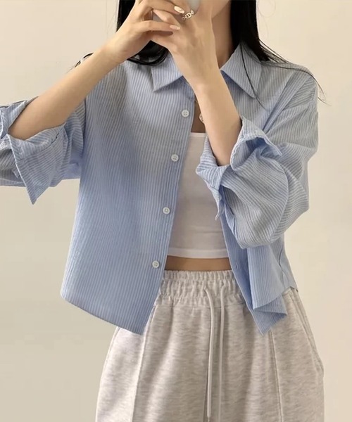 IRADOWL(アイラドール)の「ベーシックデザインミニ丈シアーシャツ(シャツ/ブラウス・レディース・ベージュ/グリーン/ピンク/ホワイト/ブルー・FREE)」の21枚目の写真