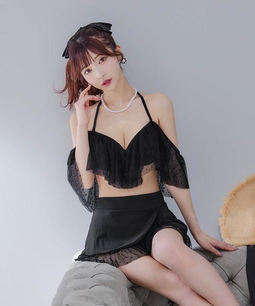 sugarnine ドットシアーオフショルスカート付きビキニ ドットシアーオフショルスカート付きビキニ 3点セット（水着