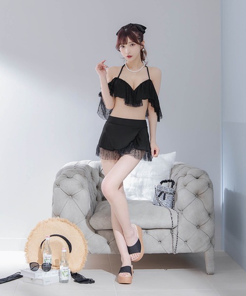 ドットシアーオフショルスカート付きビキニ 3点セット（水着）｜sugar