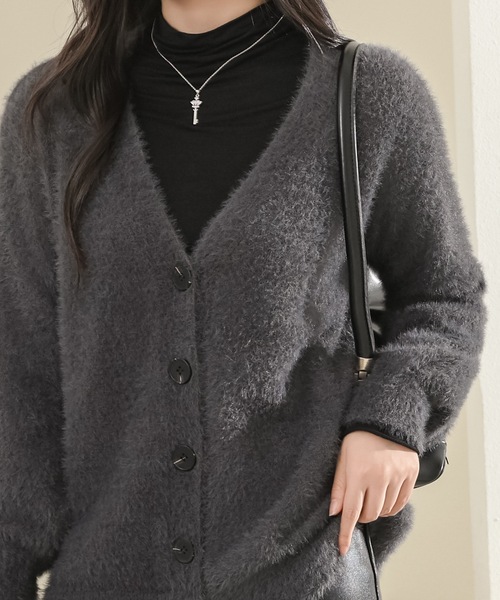 Lace Ladies(レースレディース)の「ソリッドカラー Vネック ファー ニット カーディガン(カーディガン/ボレロ・レディース・ベージュ/グリーン/ホワイト/グレー/ブラック・FREE)」の3枚目の写真