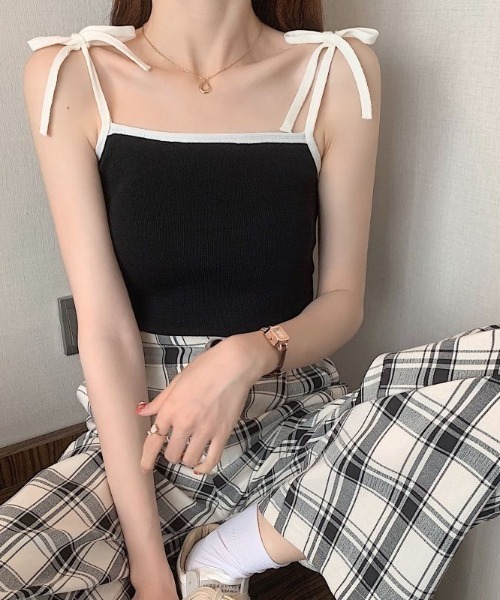 Ounce angola ribbon bustier ニット　キャミソール セール】バイカラー 肩リボン 配色 ニットキャミソール