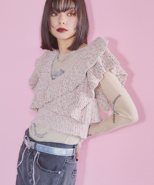 ELLEgirl（エルガール）の「ミックスカラーラッフルフリルビスチェ【ELLEgirl/エル ガール】（キャミソール・レディース・ピンク/オレンジ・FREE）」の4枚目の写真