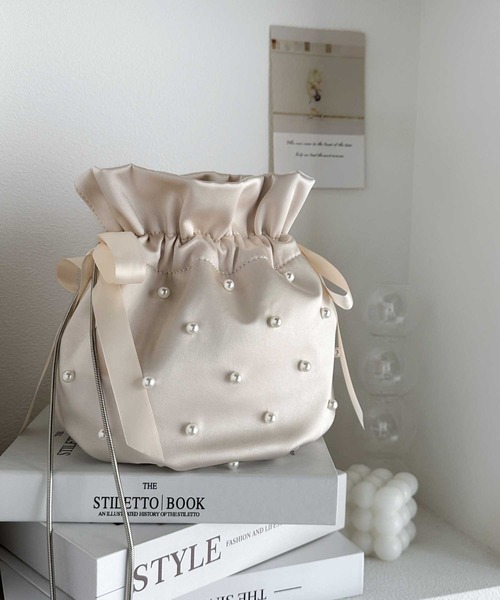 セール】【mily bilet】大人かわいく。リボン使いパールベロアサテン  