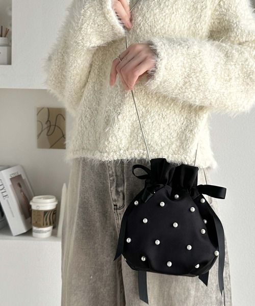 セール】【mily bilet】大人かわいく。リボン使いパールベロアサテン  