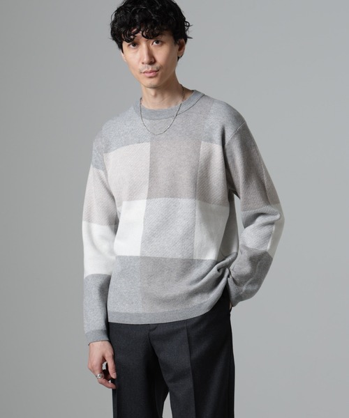 NANO universe(ナノユニバース)の「ブロックチェッククルーネックニット(ニット/セーター・メンズ・グレー/ネイビー/グリーン/ブラック・XL/S/M/L)」の3枚目の写真