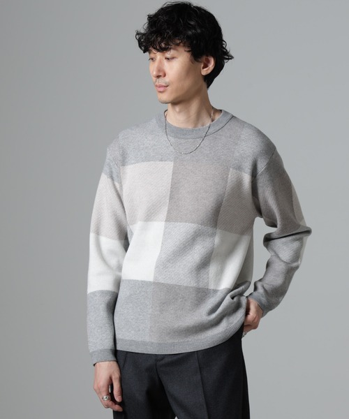 NANO universe(ナノユニバース)の「ブロックチェッククルーネックニット(ニット/セーター・メンズ・グレー/ネイビー/グリーン/ブラック・XL/S/M/L)」の14枚目の写真