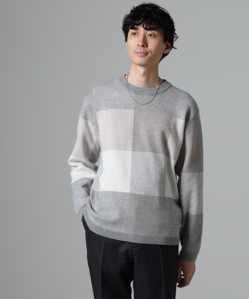 NANO universe(ナノユニバース)の「ブロックチェッククルーネックニット(ニット/セーター・メンズ・グレー/ネイビー/グリーン/ブラック・XL/S/M/L)」の13枚目の写真