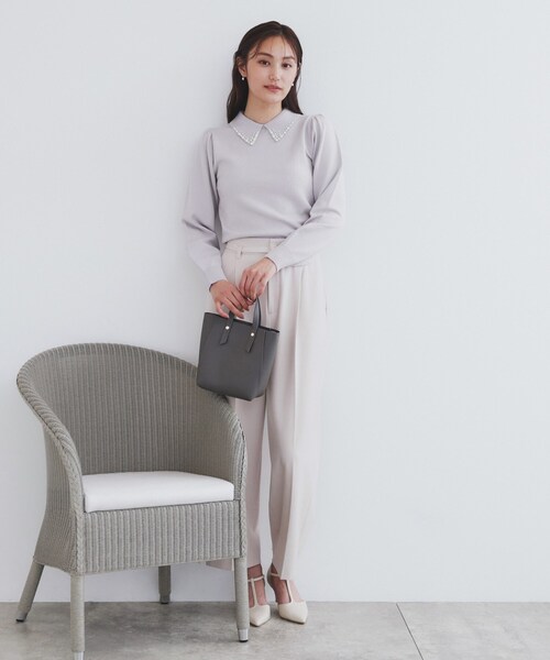 セール】《美人百花掲載》ビジュー衿付きパフスリーブニット【洗濯機