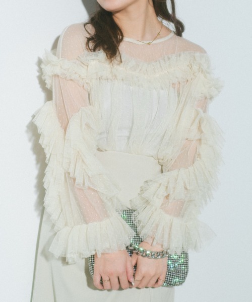 ECREL（エクレール）の「ドットチュールフリルブラウス（シャツ/ブラウス・レディース・アイボリー/ブラック・FREE）」の3枚目の写真