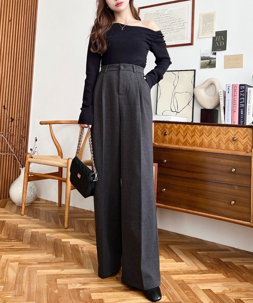 LOULOU select(ルルセレクト)の「ウールライク起毛ツータックセミワイドパンツ(その他パンツ・レディース・チャコールグレー/ブラック/ブラウン・M/S/L)」の10枚目の写真